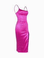 Annie Satin Midi Dress In Hot Pink