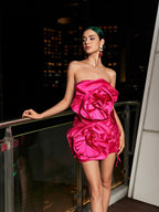 Strapless 3D Rosette Applique Lace Up Side Satin Mini Dress