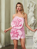 Strapless 3D Rosette Applique Lace Up Side Satin Mini Dress