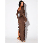 Arrival Pleated Ruffled Stitching High Slit Small Horn Long Sleeved Dress