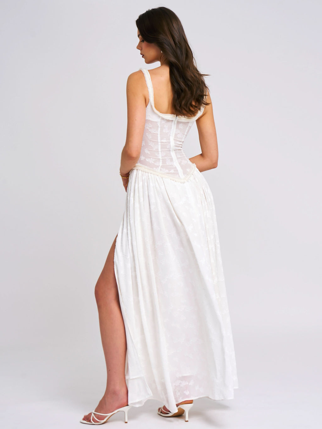 Floral Print Corset Bodice Basque Waist Thigh Slit Maxi Dress