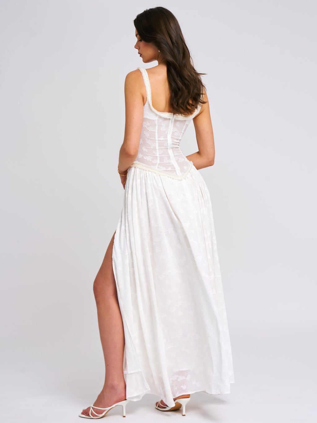 Floral Jacquard Bustier Scoop Neck Ruched Bodice High Slit Maxi Dress