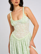 Floral Jacquard Bustier Scoop Neck Ruched Bodice High Slit Maxi Dress