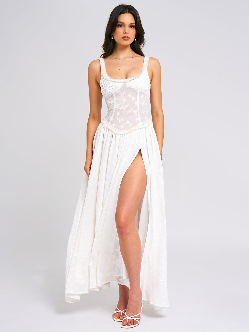 Floral Jacquard Bustier Scoop Neck Ruched Bodice High Slit Maxi Dress