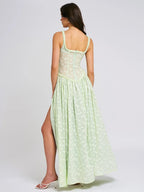 Lace Overlay Corset Bodice Scoop Neck Pleated Thigh Slit Maxi Dress