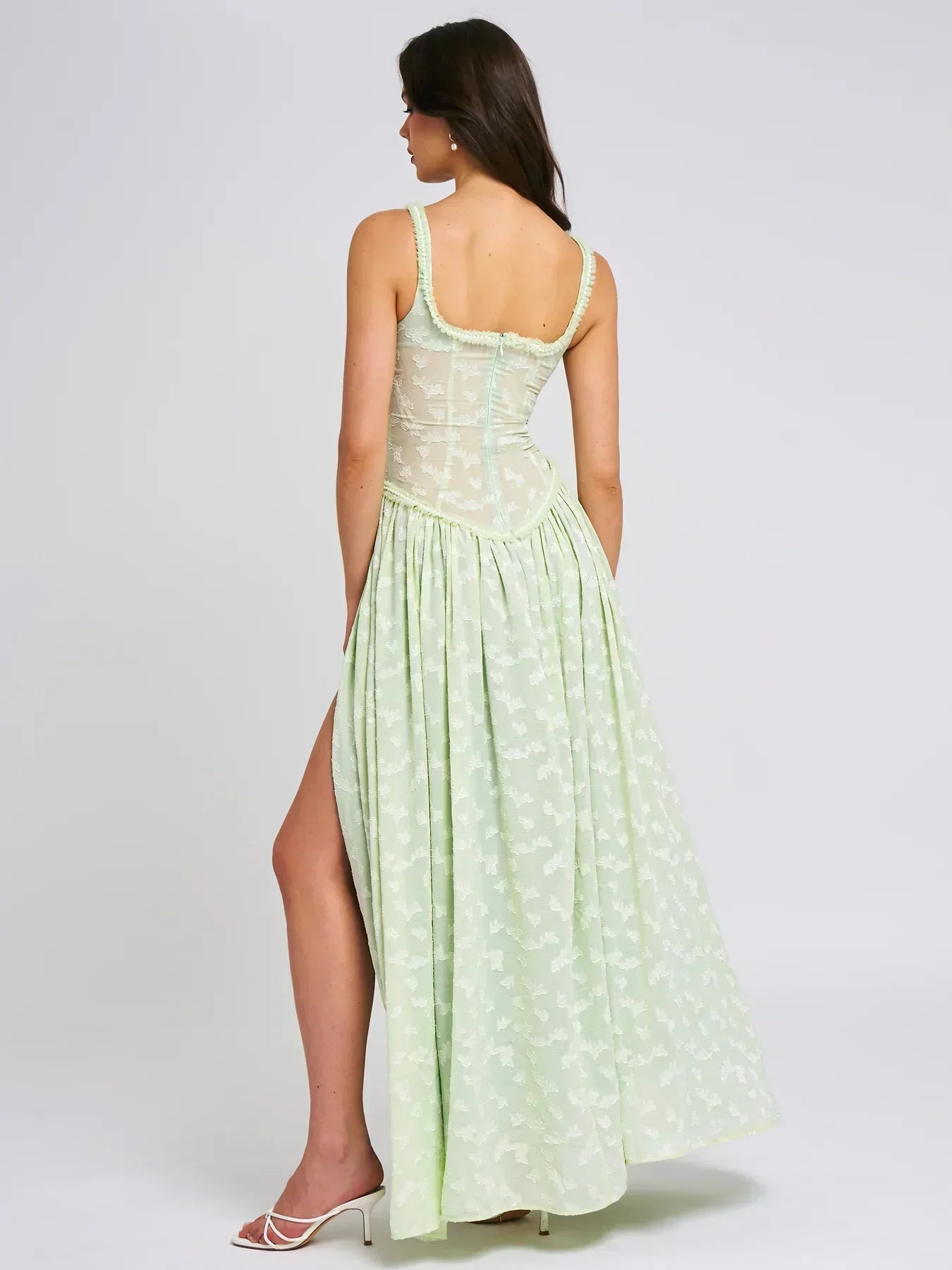 Lace Overlay Corset Bodice Scoop Neck Pleated Thigh Slit Maxi Dress