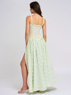 Floral Print Corset Bodice Basque Waist Thigh Slit Maxi Dress