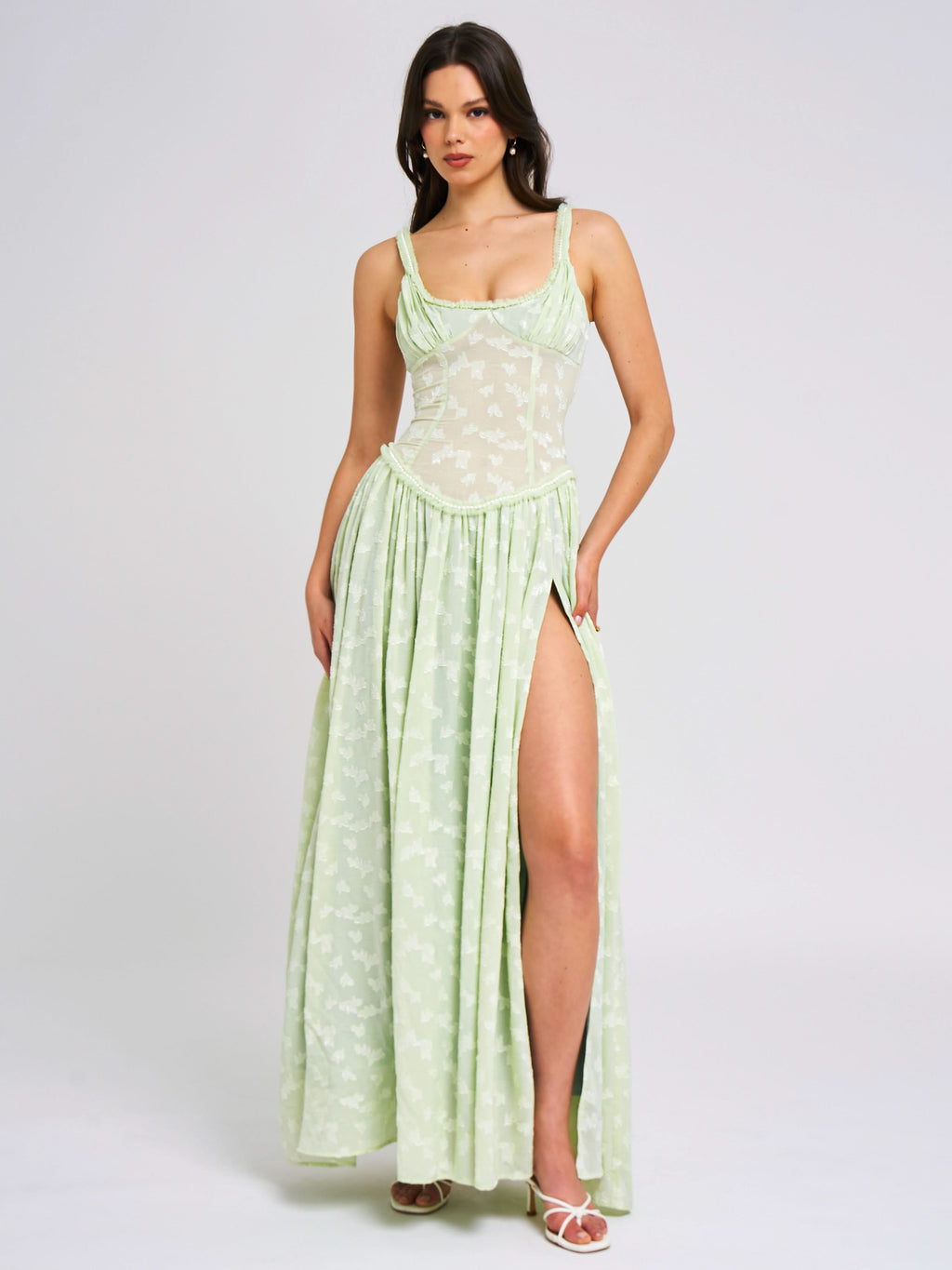 Floral Print Corset Bodice Basque Waist Thigh Slit Maxi Dress