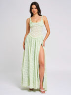 Floral Print Corset Bodice Basque Waist Thigh Slit Maxi Dress