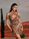 Beaded Mesh Cage Collar Draped Strap Fringe Hem Sleeveless Mini Dress
