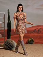 Beaded Mesh Cage Collar Draped Strap Fringe Hem Sleeveless Mini Dress