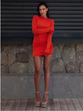 Boat Neck Long Sleeve Floral Applique Cuff Ruched Bodycon Mini Dress