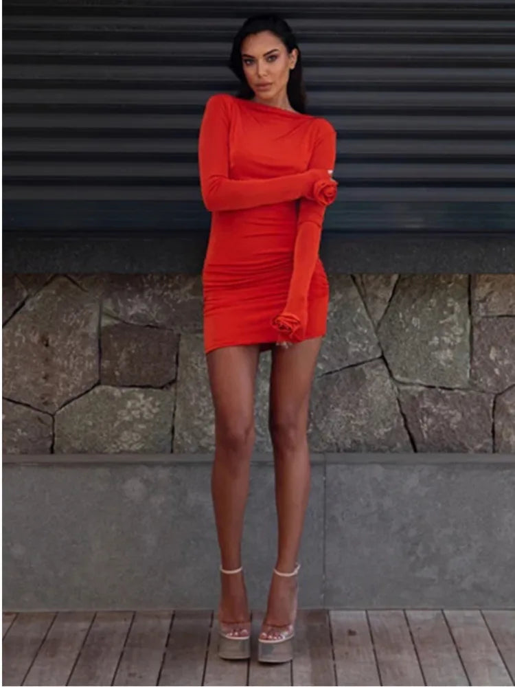 Boat Neck Long Sleeve Floral Applique Cuff Ruched Bodycon Mini Dress