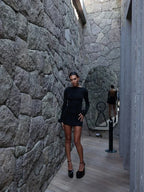 Boat Neck Long Sleeve Floral Applique Cuff Ruched Bodycon Mini Dress