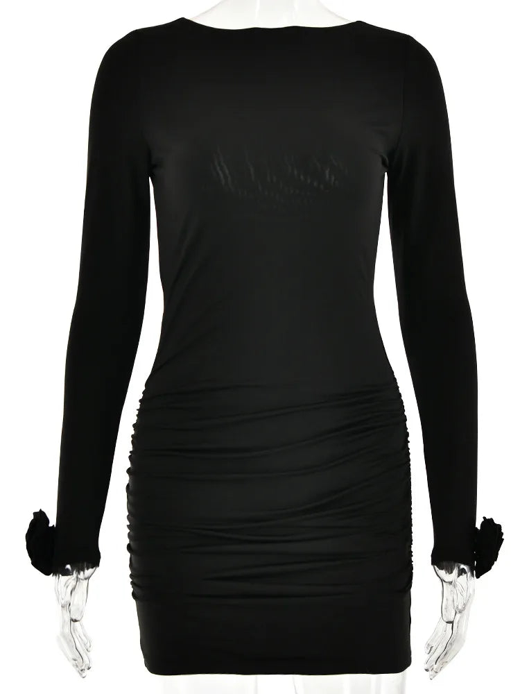 Boat Neck Long Sleeve Floral Applique Cuff Ruched Bodycon Mini Dress