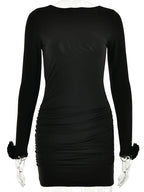 Boat Neck Long Sleeve Floral Applique Cuff Ruched Bodycon Mini Dress