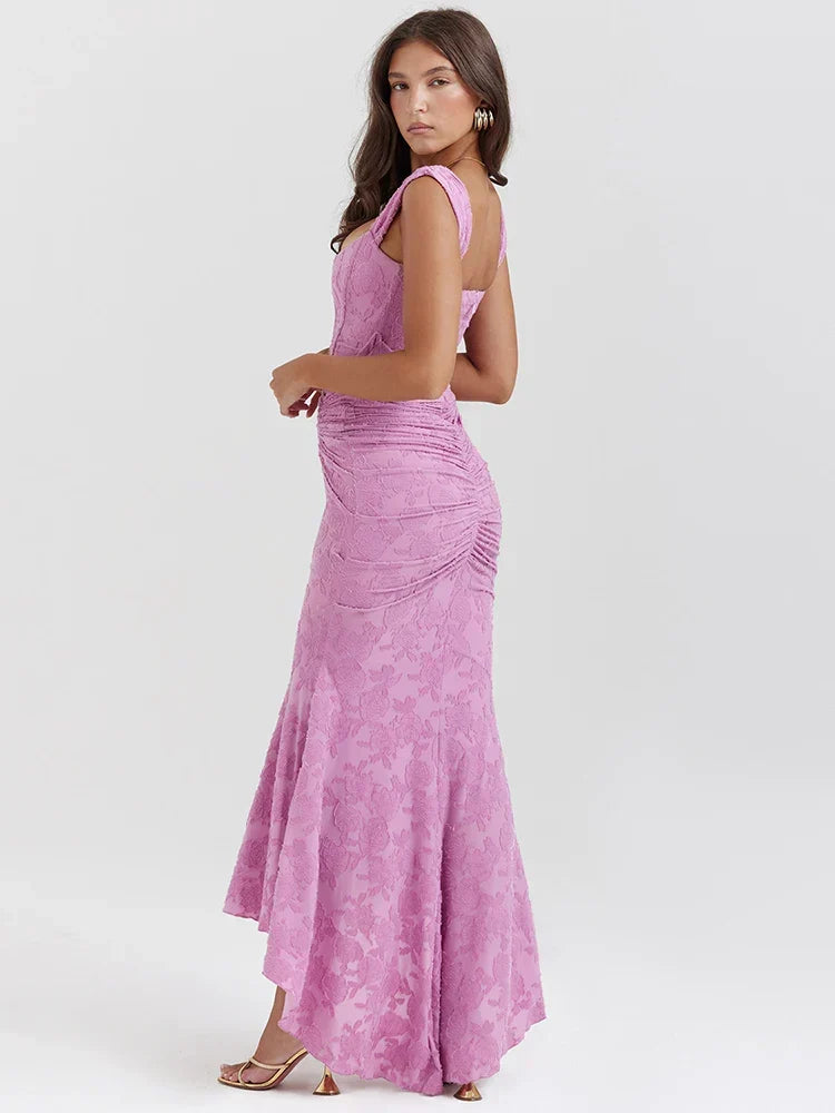 Floral Jacquard Off Shoulder Ruched Corset Bodice Mermaid Maxi Dress
