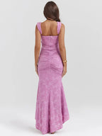 Floral Jacquard Off Shoulder Ruched Corset Bodice Mermaid Maxi Dress