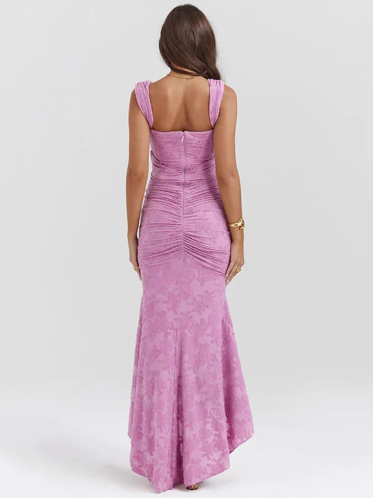 Floral Jacquard Off Shoulder Ruched Corset Bodice Mermaid Maxi Dress