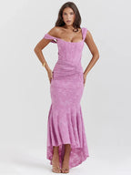 Floral Jacquard Off Shoulder Ruched Corset Bodice Mermaid Maxi Dress