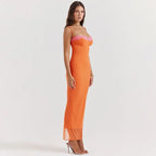 Lace Trim Corset Bodice Mesh Overlay Spaghetti Strap Bodycon Maxi Dress
