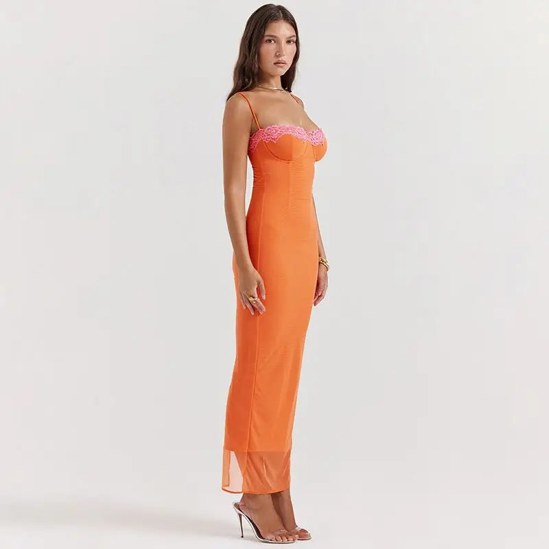 Lace Trim Corset Bodice Mesh Overlay Spaghetti Strap Bodycon Maxi Dress