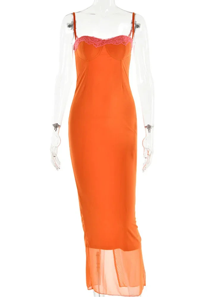 Lace Trim Corset Bodice Mesh Overlay Spaghetti Strap Bodycon Maxi Dress