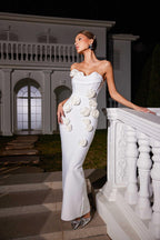 Strapless Corset Bodice 3D Floral Applique Column Maxi Gown