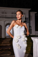 Strapless Corset Bodice 3D Floral Applique Column Maxi Gown