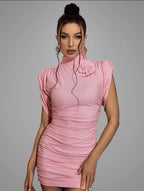 Arwen Mini Dress with 3D Flowers and Draped Shoulders