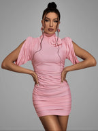 Arwen Mini Dress with 3D Flowers and Draped Shoulders