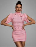 Arwen Mini Dress with 3D Flowers and Draped Shoulders