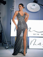 Mesh Rhinestone Embellished Spaghetti Strap Deep V-Neck Backless High Split Maxi Gown