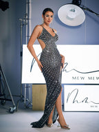 Mesh Rhinestone Embellished Spaghetti Strap Deep V-Neck Backless High Split Maxi Gown