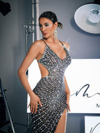 Mesh Rhinestone Embellished Spaghetti Strap Deep V-Neck Backless High Split Maxi Gown