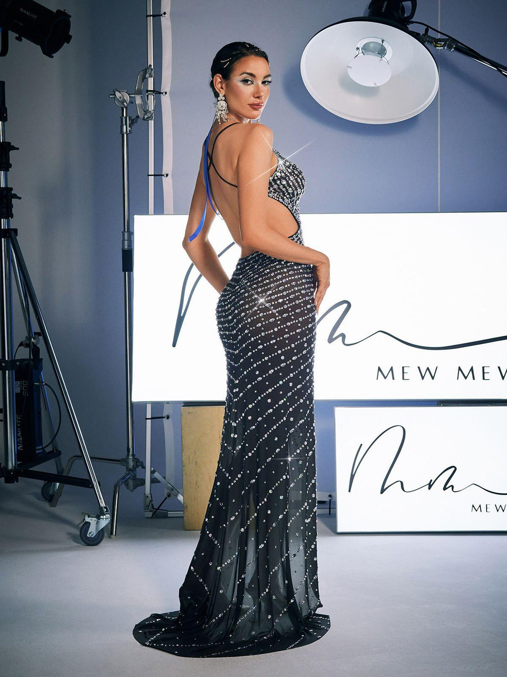 Mesh Rhinestone Embellished Spaghetti Strap Deep V-Neck Backless High Split Maxi Gown