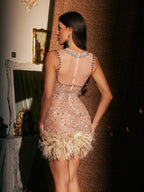 Rhinestone Mirror Tile Feather Trim Bodycon Mini Dress