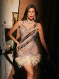 Rhinestone Mirror Tile Feather Trim Bodycon Mini Dress