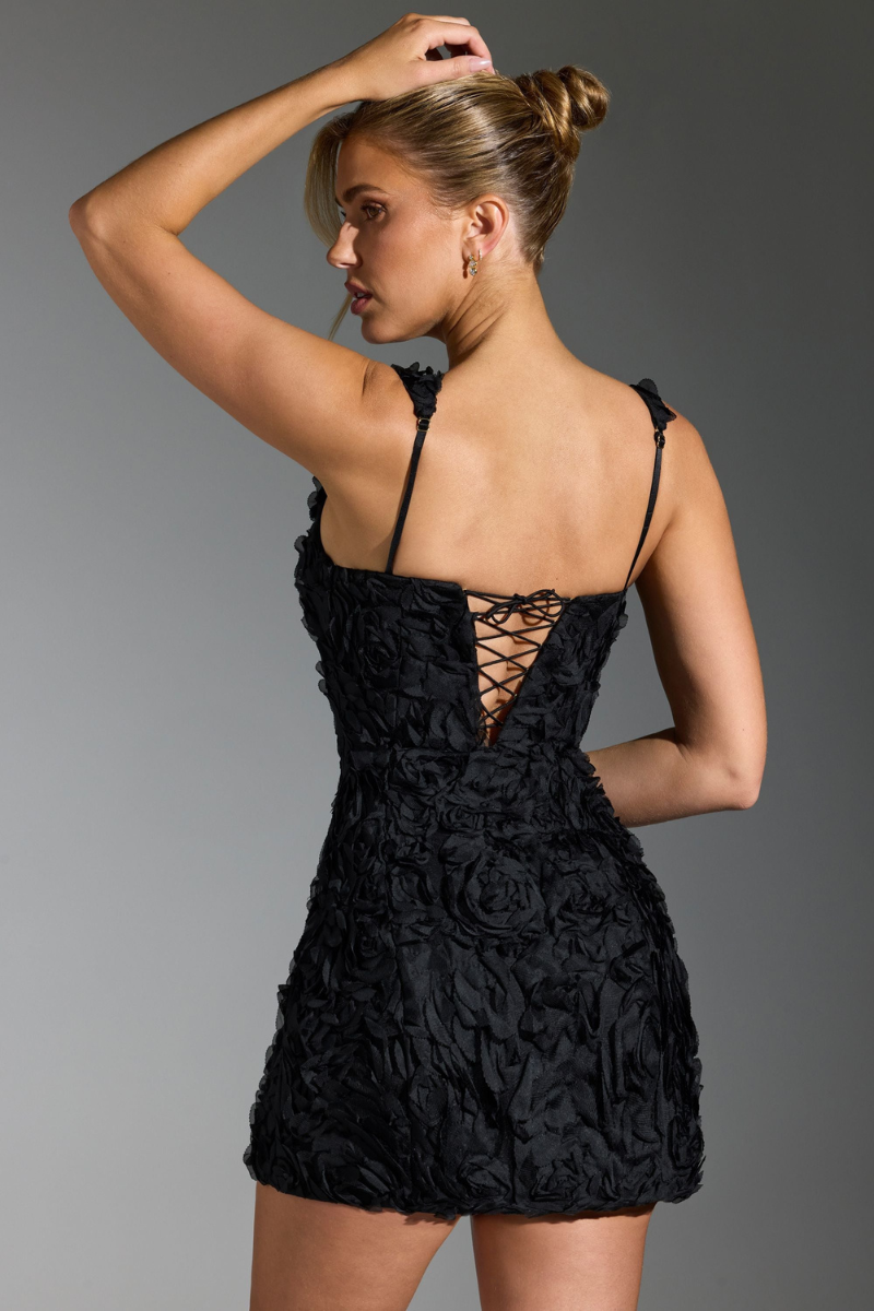 Sol Aesthetic Floral Lace Up Square Neck Mini Dress in Black Statement Occasion Edit