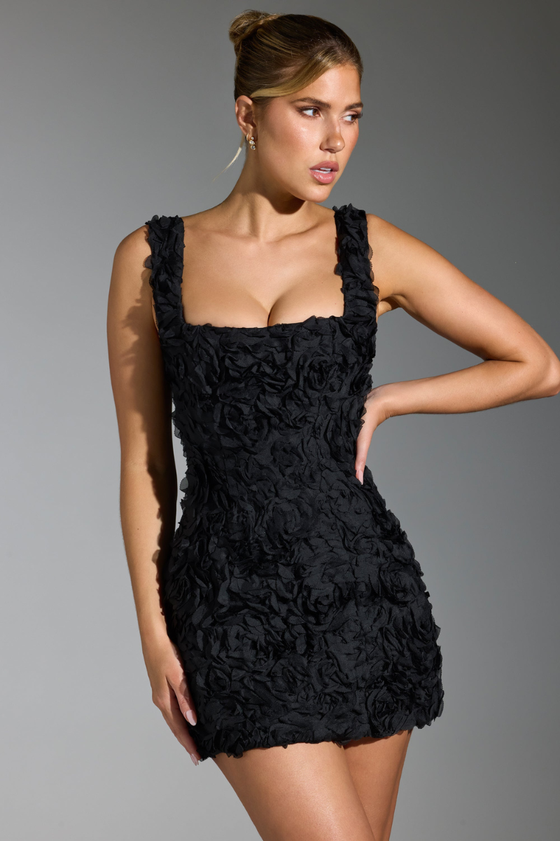Vania Minimalist Floral Lace Up Square Neck Mini Dress in Black Boutique Collection