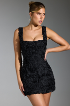 Vania Minimalist Floral Lace Up Square Neck Mini Dress in Black Boutique Collection