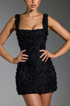 Sol Aesthetic Floral Lace Up Square Neck Mini Dress in Black Statement Occasion Edit
