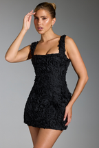 Sol Aesthetic Floral Lace Up Square Neck Mini Dress in Black Statement Occasion Edit