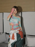 Asymmetric Tie Dye Mesh Top