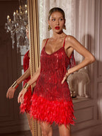 Tassel Feather Mini Dress In Red