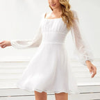 Square Neck Ruched Bust Swiss Dot Bishop Sleeve Fit and Flare Mini Dress