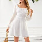 Square Neck Ruched Bust Swiss Dot Bishop Sleeve Fit and Flare Mini Dress
