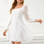 Square Neck Ruched Bust Swiss Dot Bishop Sleeve Fit and Flare Mini Dress