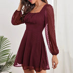 Square Neck Ruched Bust Swiss Dot Bishop Sleeve Fit and Flare Mini Dress