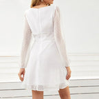Square Neck Ruched Bust Swiss Dot Bishop Sleeve Fit and Flare Mini Dress